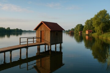 Fototapeta premium A tiny fishing hut situated by a lake, surrounded by other similar cabins and shacks