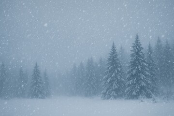 Intense winter blizzard under a cloudy gray sky with snow-covered landscape