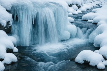 Winter scene featuring a frozen waterfall along a small river
