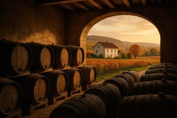 Obraz premium Maturation of liquor in vintage oak casks within a cellar environment
