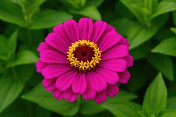 Fototapeta premium A lively pink blossom featuring a yellow and maroon core, encircled by lush green foliage