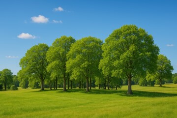 A sunny day scene featuring a lush grove in a rural setting with a clear blue sky viewed from the front