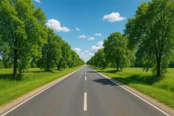Fototapeta premium A long asphalt pathway extending into the horizon on a sunny summer day, lined with lush green trees