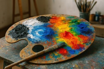 An artist's color palette in their studio