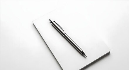 Simple Workspace: A sleek silver pen rests on a pristine white notepad, symbolizing simplicity, organization, and preparedness.