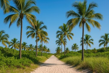Obraz premium A desert trail bordered by lush greenery and tall palms under a clear blue sky