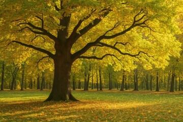 Naklejka premium Majestic deciduous tree during fall in a serene park setting