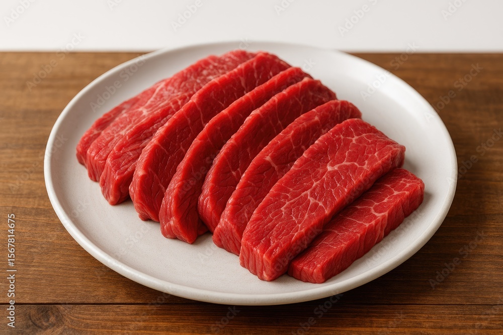 Poster a serving of sliced red meat displayed on a plain white surface