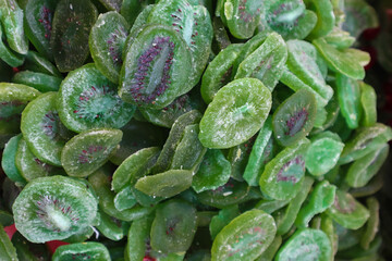 A Close up picture of Dried Kiwi fruit known for its health benefits, anti oxidants, hearth health, snack, etc.