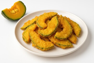 Crispy battered pumpkin served on a white plate
