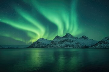 Northern Lights Illuminating Mountain Ranges in a Scandinavian Region