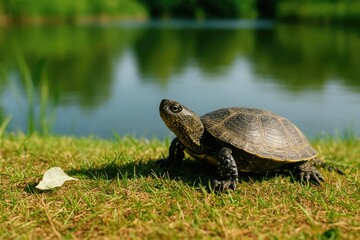 Obraz premium A tiny turtle basking in the sunlight beside a pond.