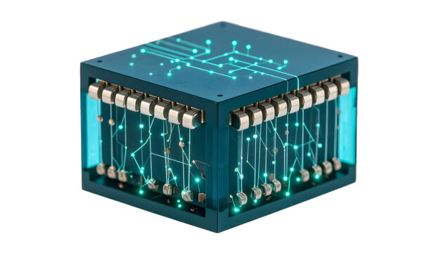Futuristic quantum computer cube showcases advanced technology and glowing circuit design