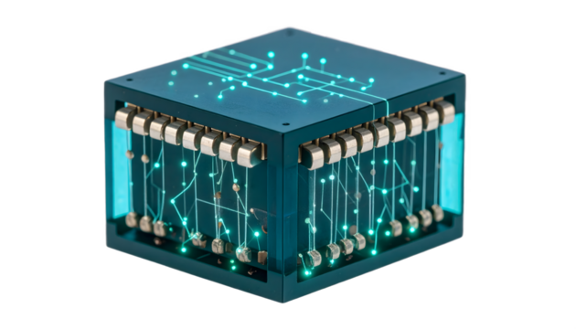 Futuristic quantum computer cube showcases advanced technology and glowing circuit design