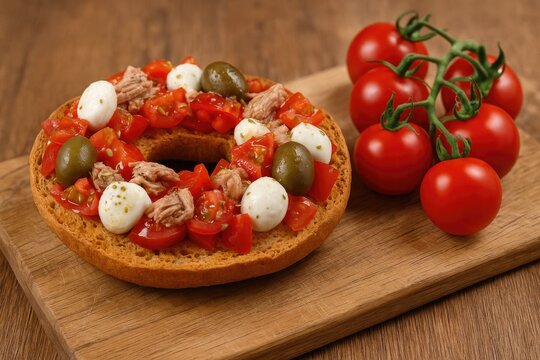 Traditional Italian appetizer featuring dried bread topped with fresh cherry tomatoes, mozzarella, tuna, and olives. Healthy vegetarian dish served on a wooden platter.