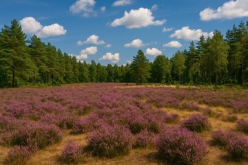 Vibrant heather blooms sprawling across a woodland clearing beneath a bright, cloud-filled summer sky