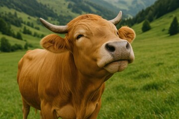 A bovine roams the lush valley, enjoying gentle scratches.
