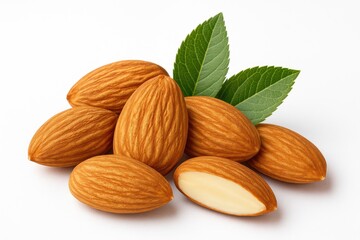 Close-up of almonds with foliage on a plain white backdrop showcasing high clarity