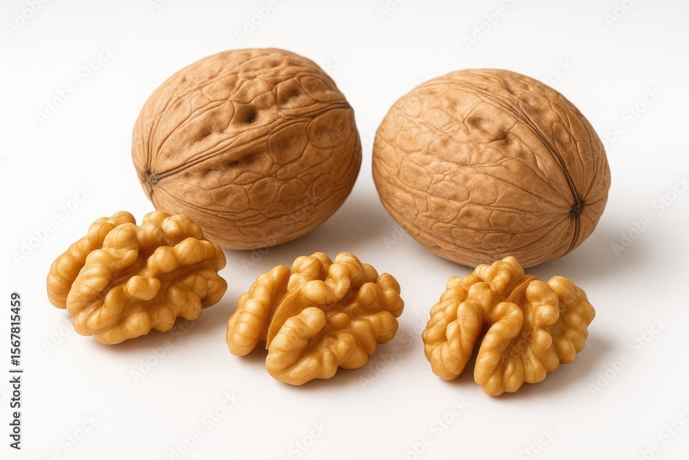 Poster a few walnuts with shells and without shells on a white backdrop