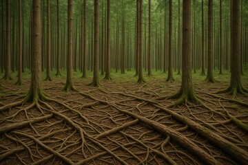 A lush woodland featuring slender trees reaching skyward, sparse underbrush, and an intricate web of roots and fallen debris covering the forest floor