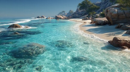 Fototapeta premium Serene Tropical Beach with Crystal Clear Water and Rocky Shoreline