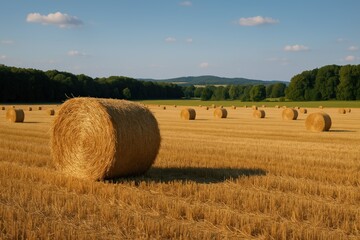 Fototapeta premium Scenic rural landscape featuring expansive hay bales amidst lush greenery and wooded areas