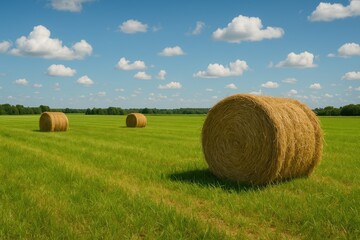 Stacks of straw in a lush meadow