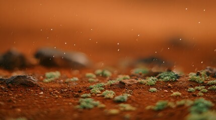 Close-up of raindrops falling on rusty red Martian soil with small greenish algae patches