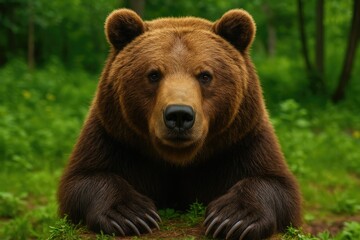 A colorful detailed close-up of a mature grizzly bear's face