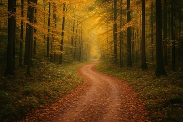 Scenic woodland trail with fall foliage in the background