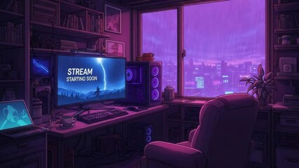 Cozy Gamer's Corner: Stream Starting Soon screen, overlay loop, animated virtual backgrounds, cozy lo-fi gaming room at rainstorm, vtuber asset twitch zoom OBS, anime chill hip hop