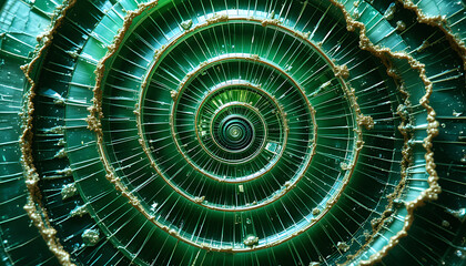 Abstract swirling tunnel of green glass panels with textured golden edges creating a mesmerizing futuristic vortex effect
