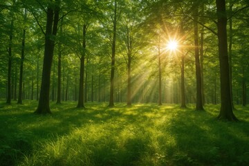 Obraz premium Lush woodland during summer with sunlight filtering through the leaves