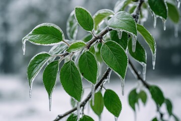 Fototapeta premium Ice-encrusted leaves of a majestic apple tree