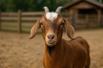 A goat featuring a distinctive white patch of hair on its forehead