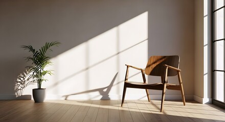 Serene Sunlight Interior: A minimalist interior, bathed in natural light, features a stylish chair and a potted plant, creating a sense of calm and tranquility.