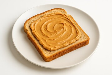 A slice of bread topped with peanut butter on a white plate