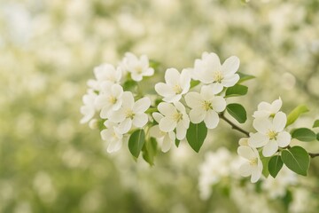 Springtime scene of a blossoming apple tree branch adorned with white flowers against a soft-focus background