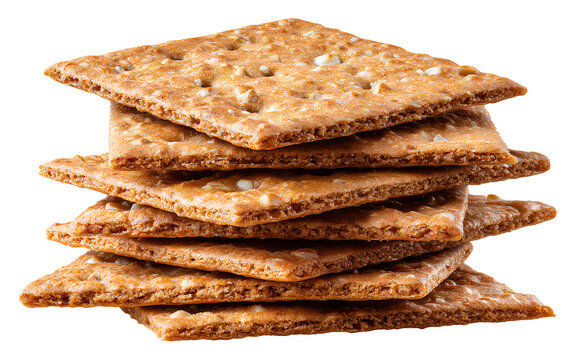 Stack of whole-wheat rye square crackers isolated on a transparent background