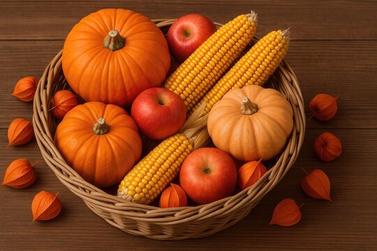 Fall-themed wicker basket filled with pumpkins, apples, corn, and physalis - Powered by Adobe