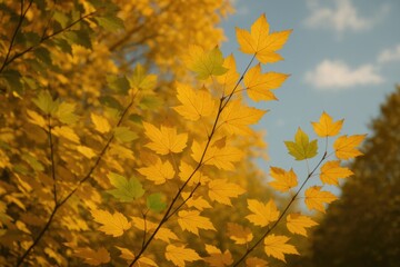 Obraz premium Vibrant fall foliage showcasing green and yellow leaves