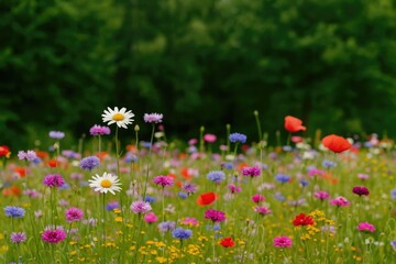 Obraz premium Vibrant wildflowers set against lush green foliage during summer