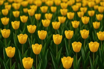 Obraz premium A vibrant field of yellow tulips in full bloom during springtime