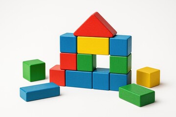 Fototapeta premium A collection of vibrant wooden building blocks on a plain white surface