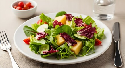 Fresh Salad: A beautifully arranged plate with a medley of fresh, colorful salad greens and vegetables, evoking feelings of health and culinary delight.