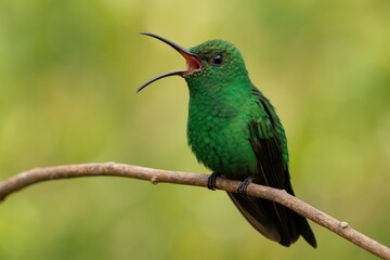 A tiny green hummingbird emitting a loud call