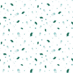 Explore the abundant life beneath the surface with this dynamic seamless pattern. This repeating design showcases the diversity of marine flora and fauna in a vibrant composition, from active schools 