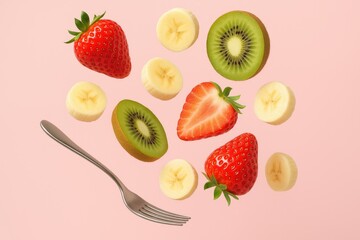 Fototapeta premium Vibrant summer fruits like strawberries, bananas, and kiwis floating in midair against a soft pink backdrop, featuring a fork for a creative healthy eating display.