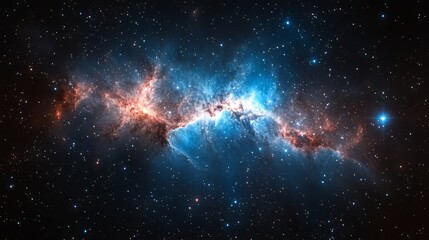 Obraz premium Cosmic Tapestry: A breathtaking panoramic view of a vibrant nebula, showcasing a mesmerizing dance of celestial gas and dust against a backdrop of countless stars.