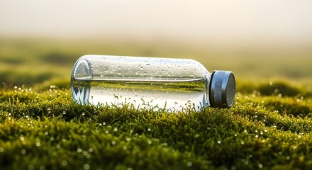 Pure Essence in Nature: A crystal-clear bottle of water rests gently amidst a bed of lush, vibrant green moss, embodying purity and the refreshing essence of the natural world.